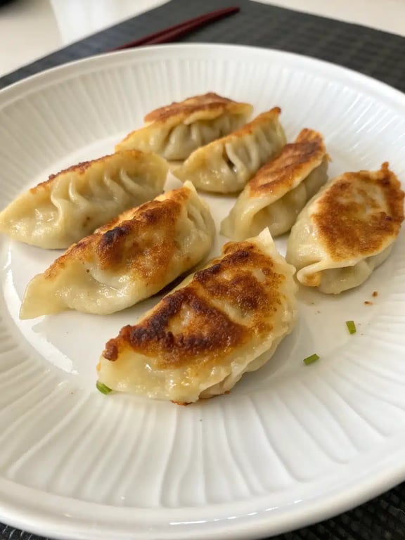 A beautifully plated serving of air fryer dumplings with dipping sauces