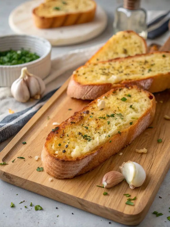 air fryer garlic bread served with pasta and salad on a dinner table