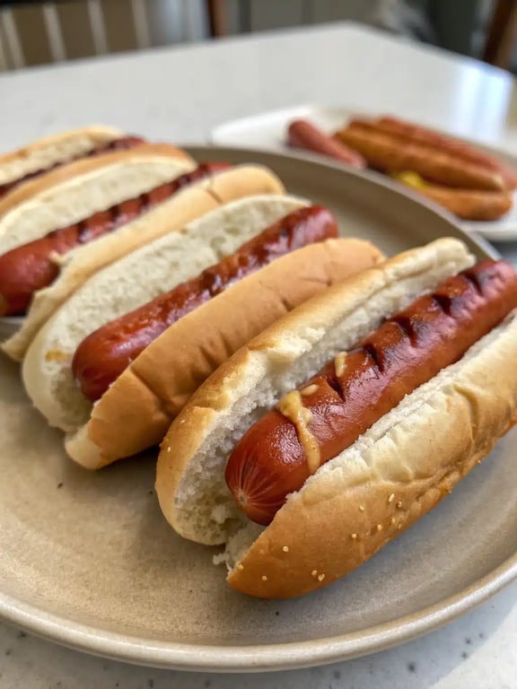 A platter of air fryer hot dogs with various toppings and sides