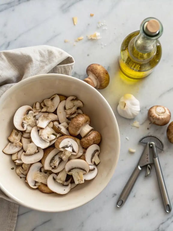 Step 2 for air fryer mushrooms — process in progress