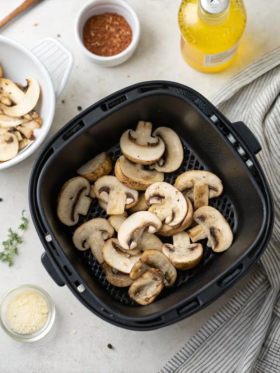 Final step for air fryer mushrooms — plated and ready