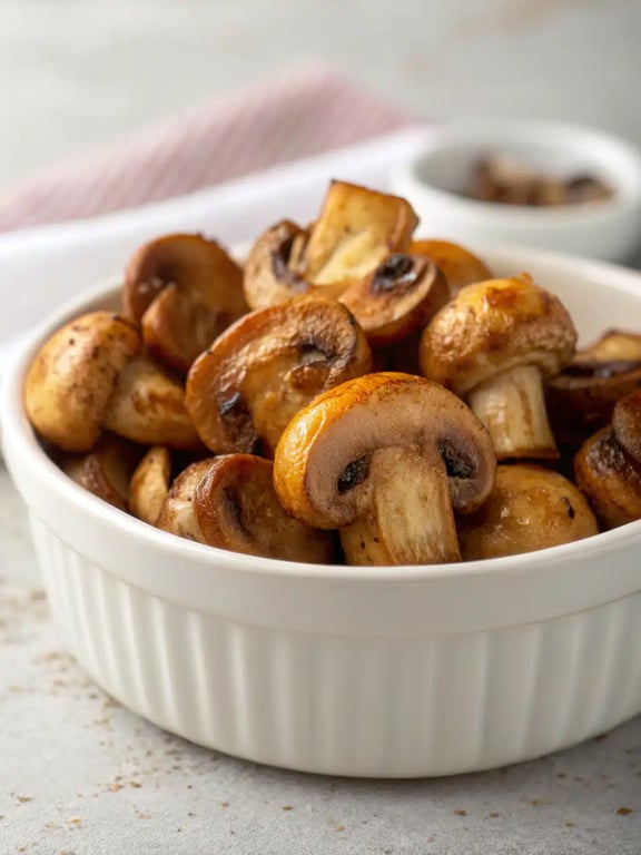 A plated dish featuring air fryer mushrooms as a side with steak and vegetables