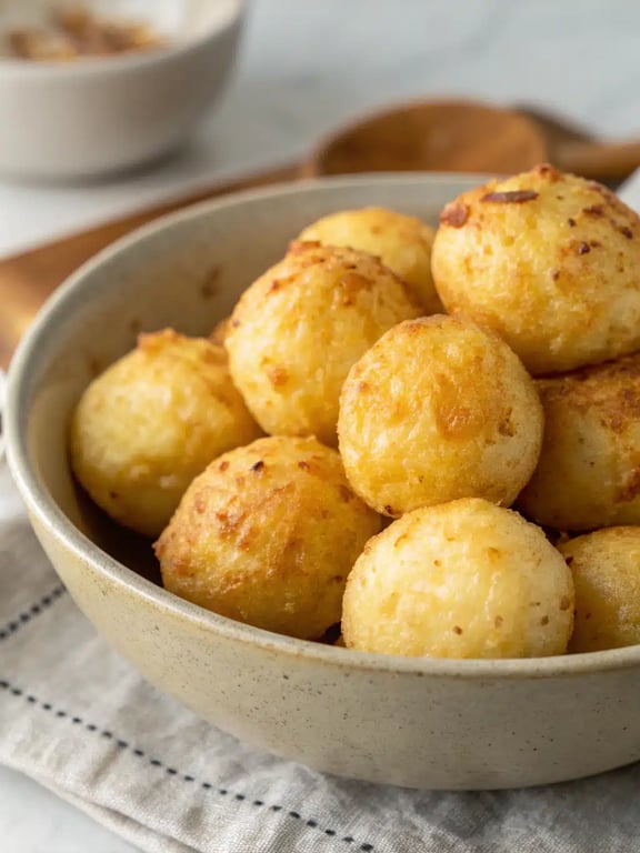 Boulettes de pommes de terre cuites à la friteuse à air chaud, servies sur une planche en bois avec des sauces.