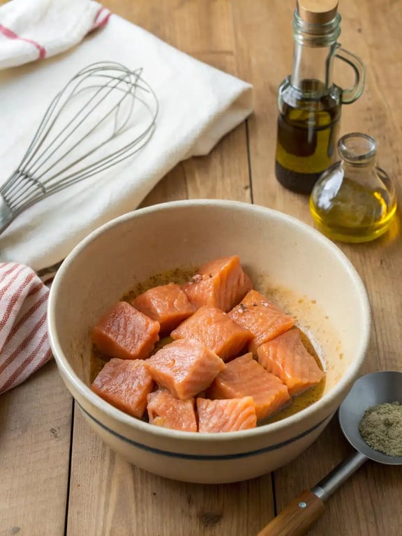 Step 4 for air fryer salmon bites — salmon cubes arranged in a single layer in the air fryer basket