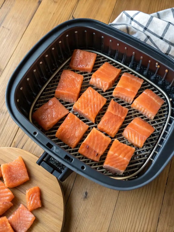 Final step for air fryer salmon bites — golden bites garnished with dill and lemon on a plate