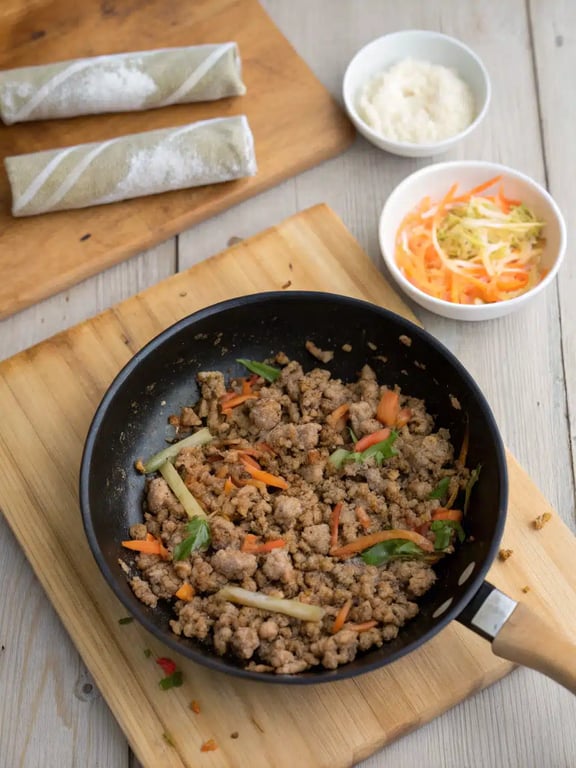 Step 2 for air fryer spring rolls — process in progress