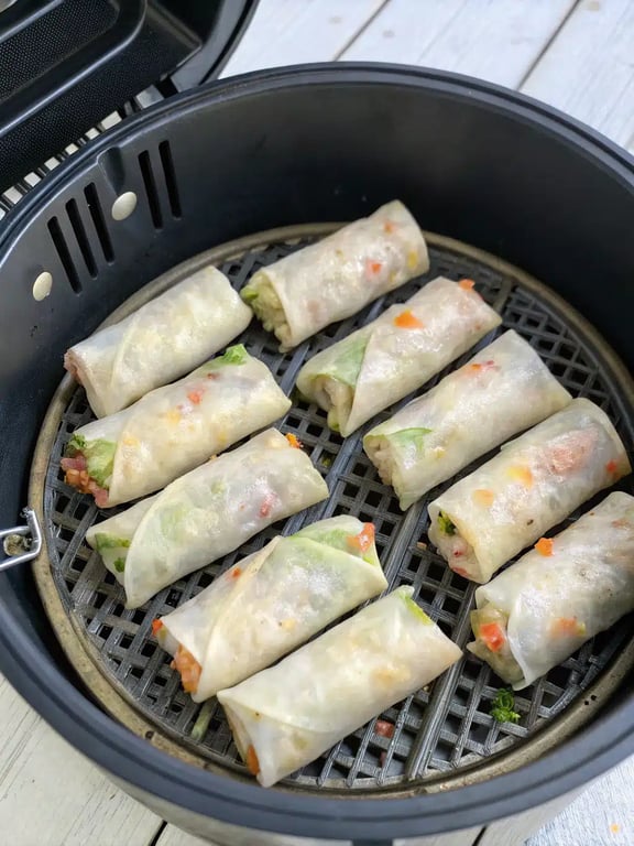 Final step for air fryer spring rolls — plated and ready