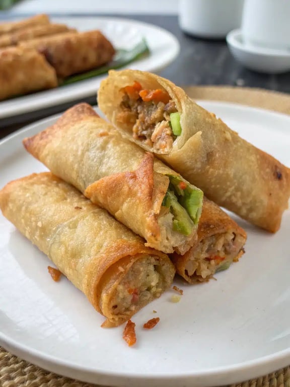 air fryer spring rolls plated with dipping sauce and garnish