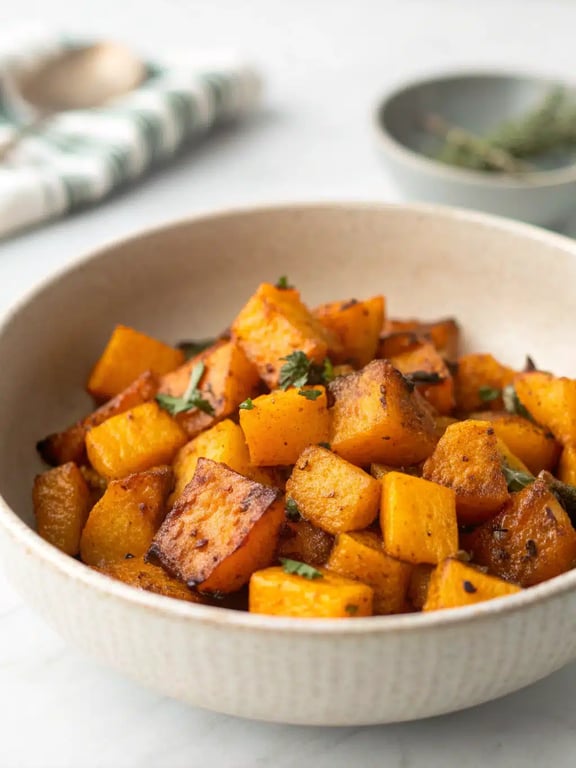 air fryer squash served as part of a complete meal with protein and greens