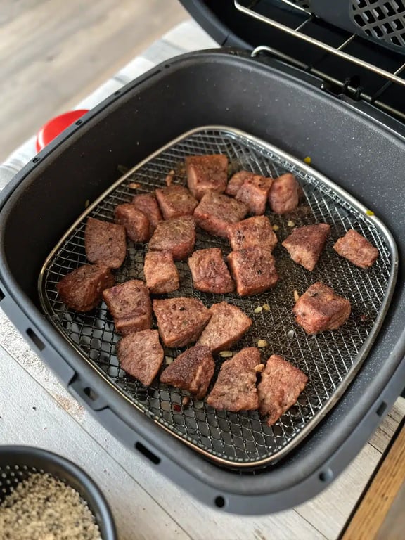 Final step for air fryer steak bites — plated and ready