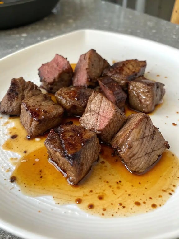 air fryer steak bites plated with dipping sauce and side dishes