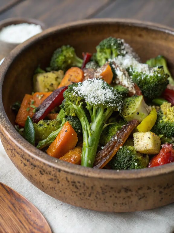 air fryer vegetable recipes plated with grilled chicken and lemon wedges