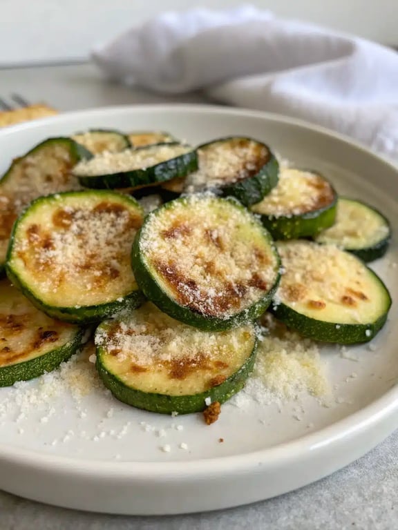 air fryer zucchini plated with a main course as a healthy side dish