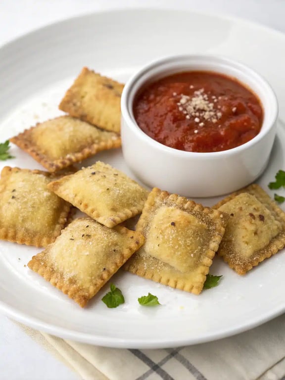 toasted ravioli recipe beautifully arranged on a serving platter with dipping sauce