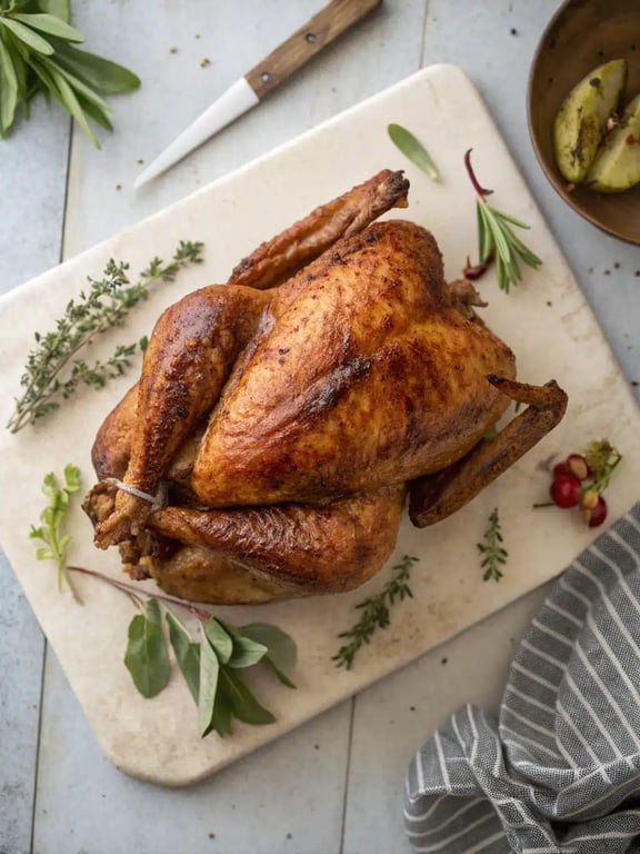 A beautifully set table with carved apple butter turkey, mashed potatoes, gravy, and green beans