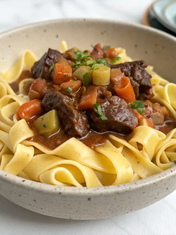 beef manhattan recipe beautifully plated in a bowl with garnish