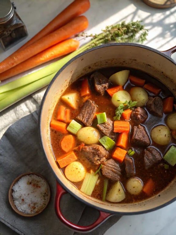 Final step for beef stew recipe — ladling stew into a bowl