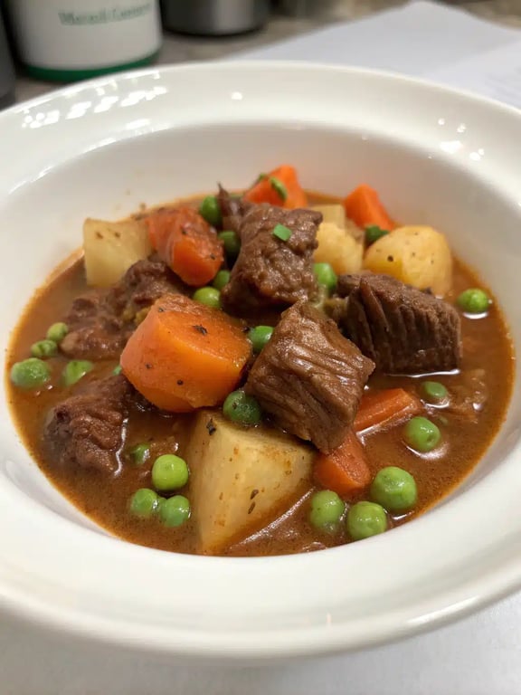 beef stew recipe served in a bowl with a side of bread