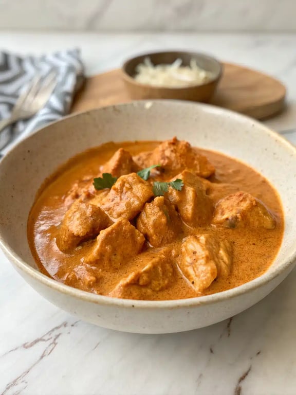 butter chicken recipe beautifully plated with rice and naan
