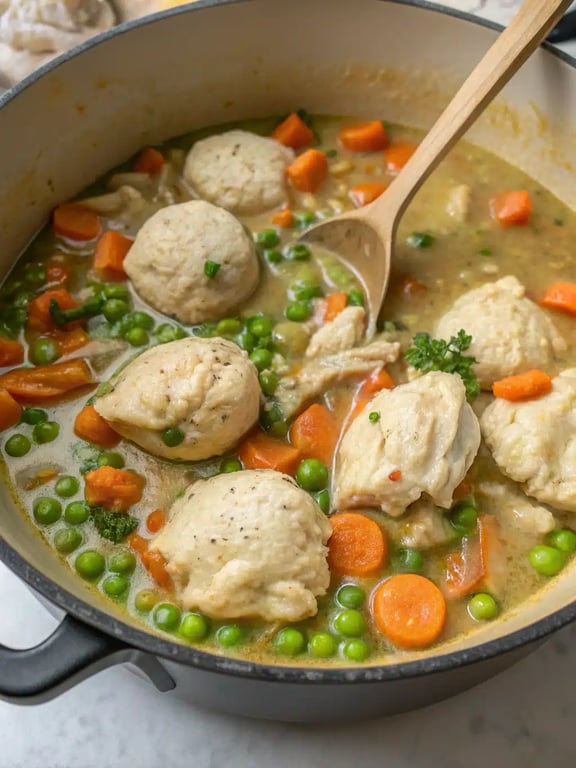 Final step for chicken and dumplings — a ladle serving the finished stew into a bowl