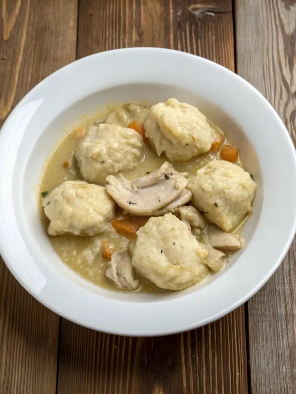 A beautifully set table with a bowl of chicken and dumplings alongside a fresh green salad and bread
