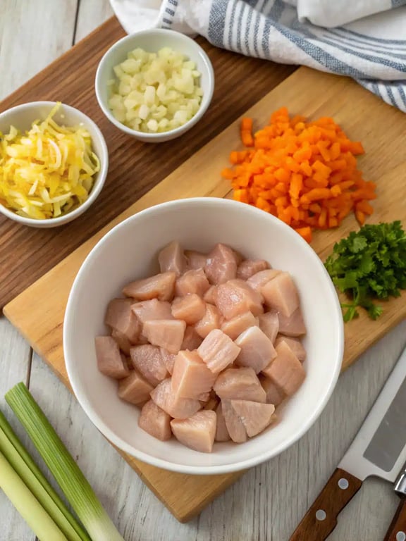 Cooking diced chicken with vegetables for chicken corn chowder in a pot