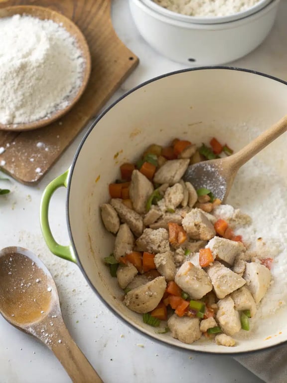 Simmering chicken corn chowder with potatoes in a Dutch oven