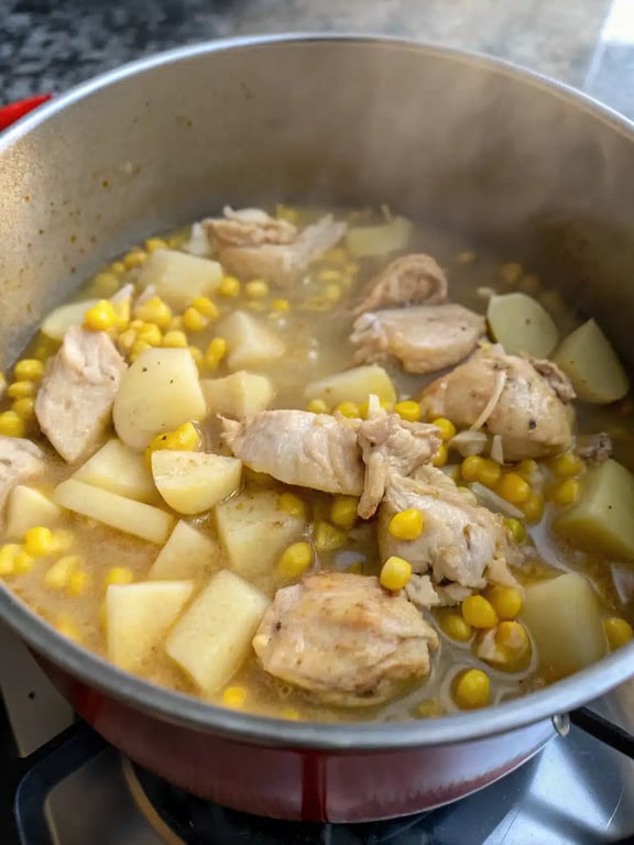 Finished chicken corn chowder served in a bowl, garnished with fresh parsley