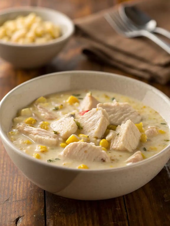 A beautifully served bowl of chicken corn chowder with a side of crusty bread on a rustic table