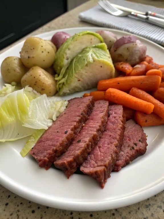 A family-style platter of corned beef cabbage with sliced meat and vegetables
