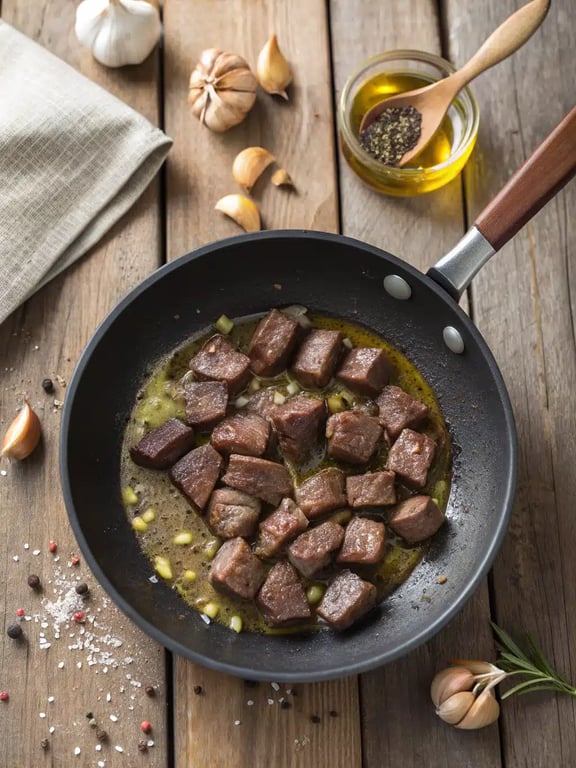 Finished garlic butter beef bites plated, garnished with parsley and drizzled with sauce
