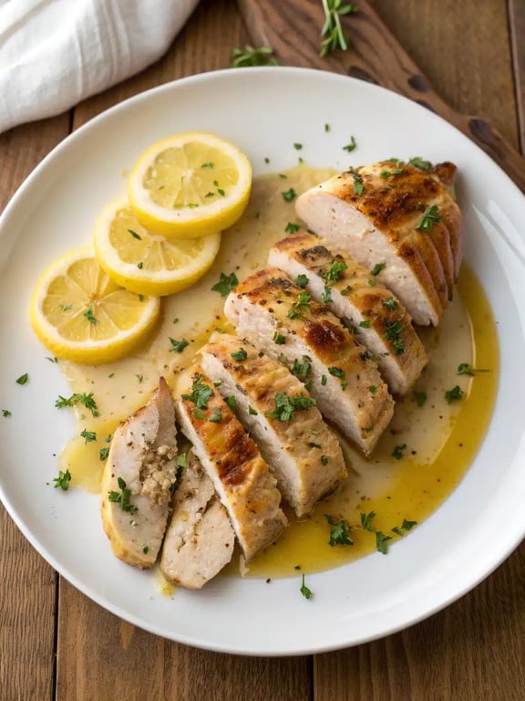 lemon herb chicken plated with roasted vegetables and rice
