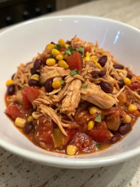 Mexican chicken slow cooker served in a bowl with tortilla chips and fresh toppings