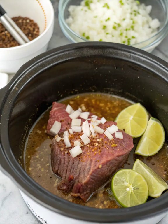 Step 4 for slow cooker barbacoa — checking the tender beef with forks in the slow cooker