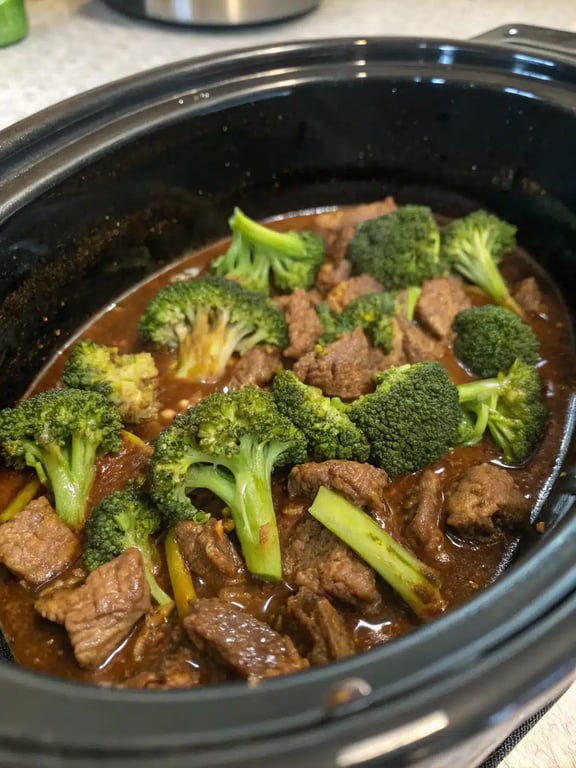 Final step for slow cooker beef broccoli — plated and ready