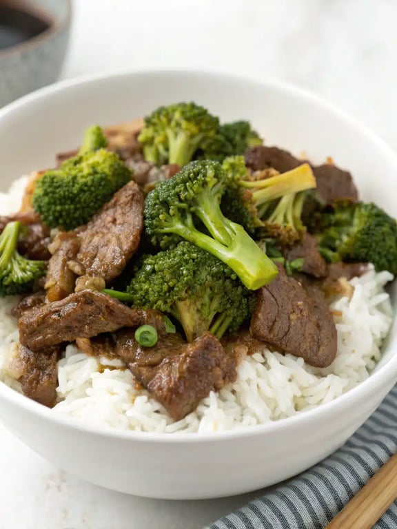 slow cooker beef broccoli beautifully plated with rice and garnishes