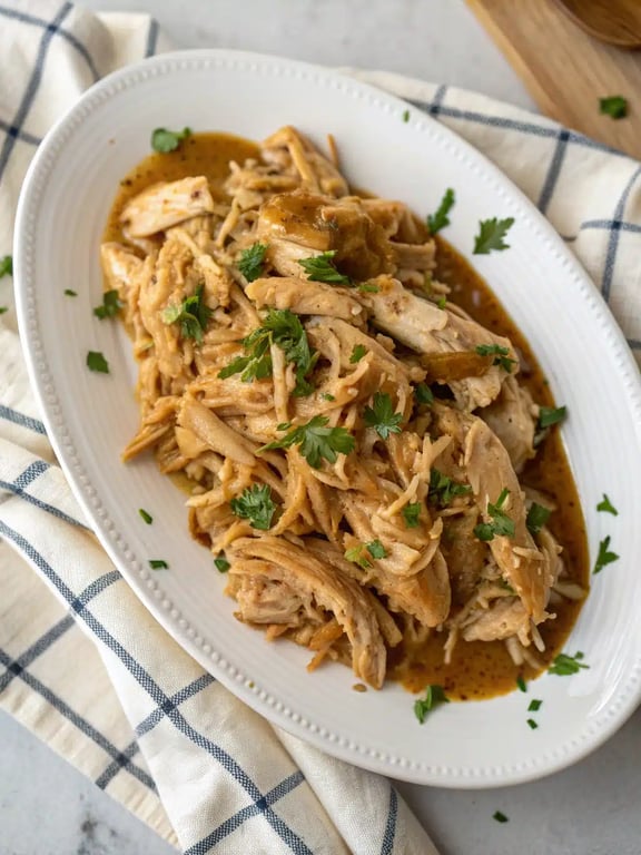 slow cooker chicken breasts plated with mashed potatoes, gravy, and green beans