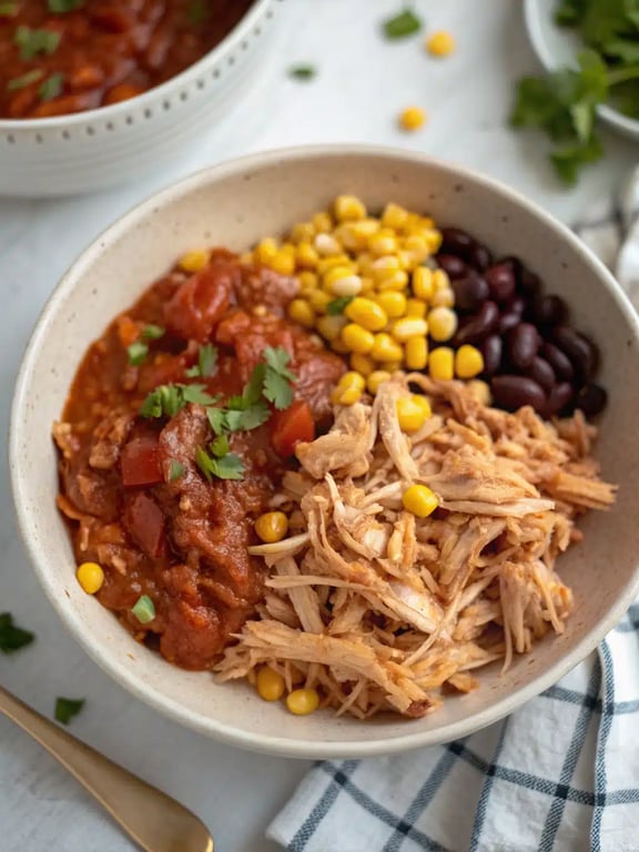 A beautifully plated slow cooker chicken burrito bowl with rice, toppings, and a lime wedge
