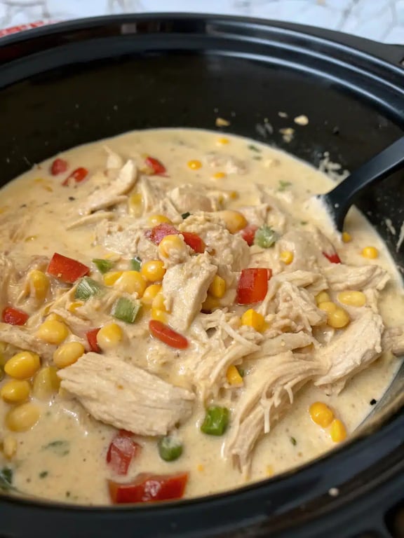 Final step for slow cooker chicken corn — plated and ready