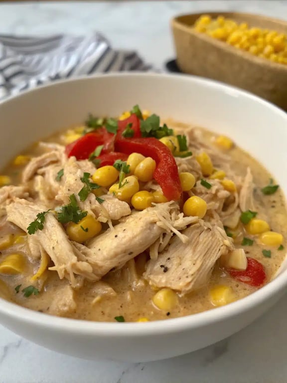 slow cooker chicken corn served in a bowl over rice with fresh cilantro garnish