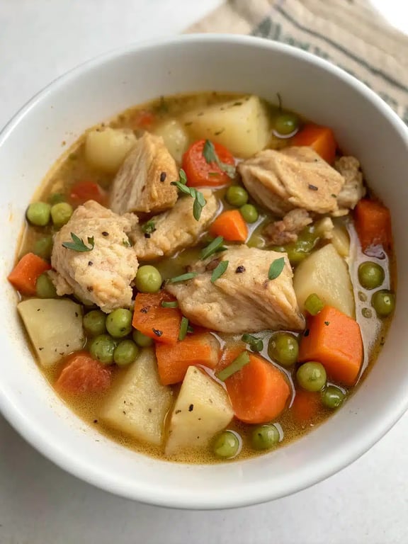 A bowl of slow cooker chicken stew served with crusty bread on the side