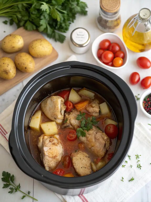 Final step for slow cooker chicken stew — plated and ready