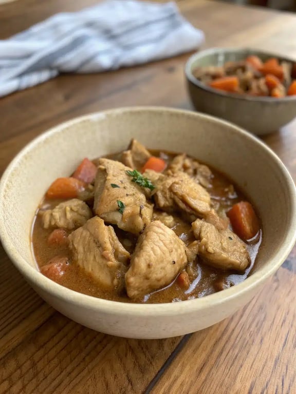 slow cooker chicken stew served in a bowl with a side of bread