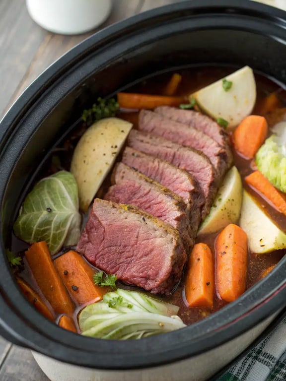 Final step for slow cooker corned beef — plated and ready