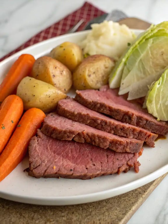 A beautifully plated slow cooker corned beef dinner with sliced meat, cabbage, carrots, and potatoes