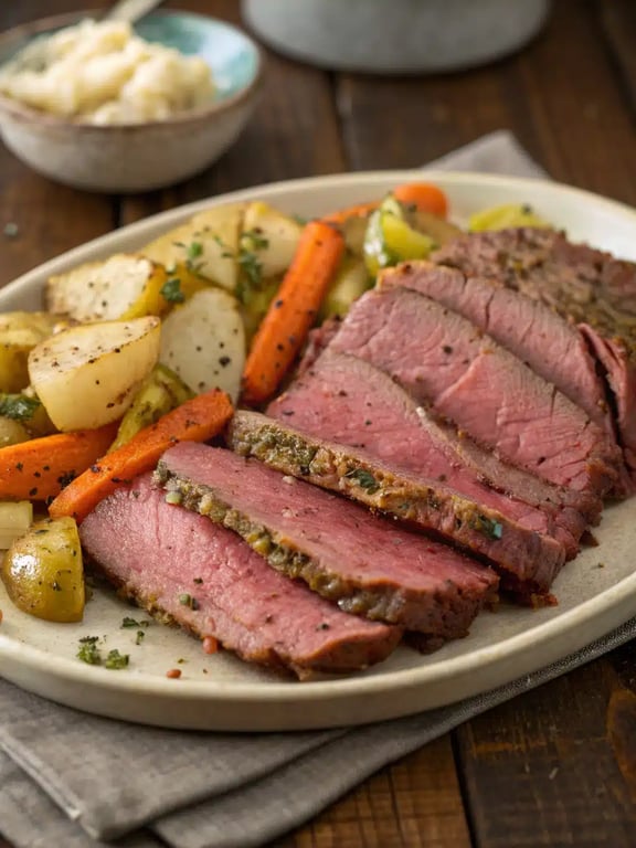 A beautifully plated serving of slow cooker corned beef with vegetables and mustard