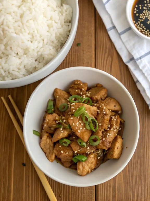 slow cooker recipes plated family-style with rice, green onions, and sesame seeds