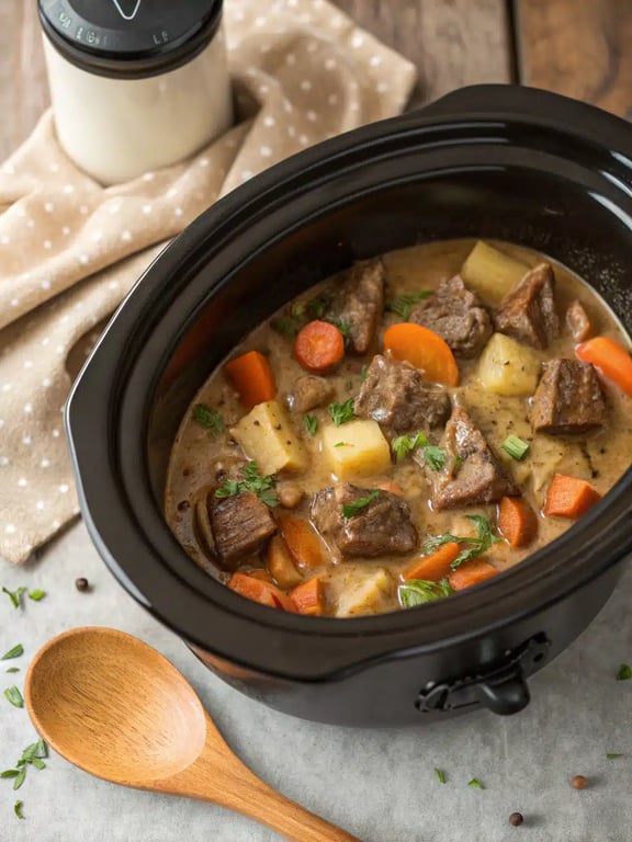 Final step for slow cooker Valentine's dinner — plated stew in a bowl with parsley garnish