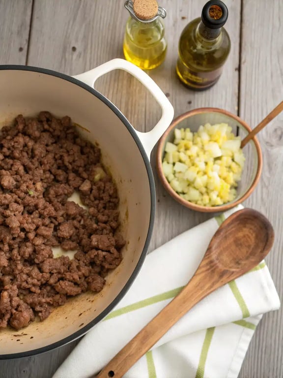 Cooking ground beef and onions for taco rice soup in a Dutch oven