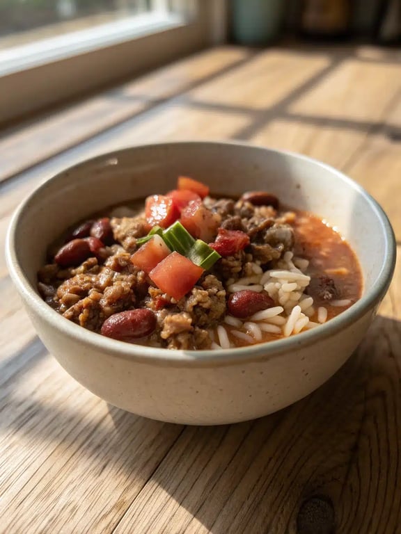 A family-style spread with a pot of taco rice soup and various topping bowls on a rustic table